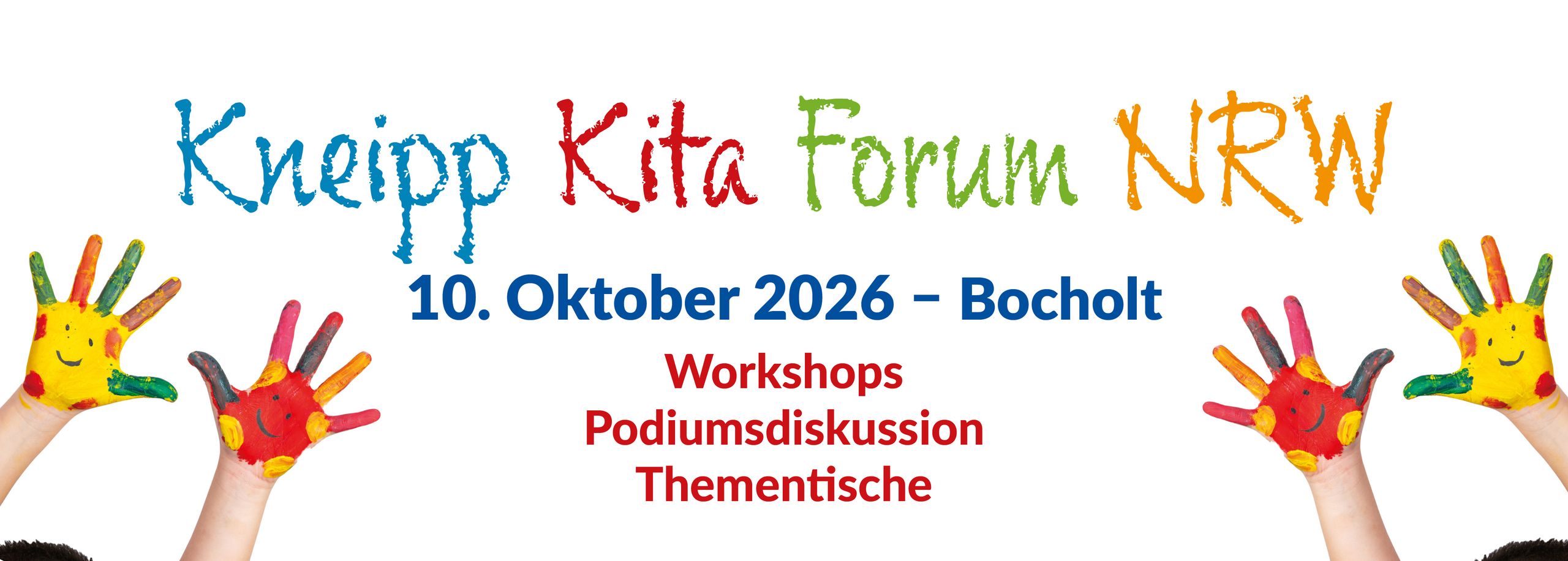 Bemalte Kinderhände greifen links und rechts ins Bild, in der Mitte stehen die Eckdaten des Kneipp-Kita Forums (auch im Text weiter unten)