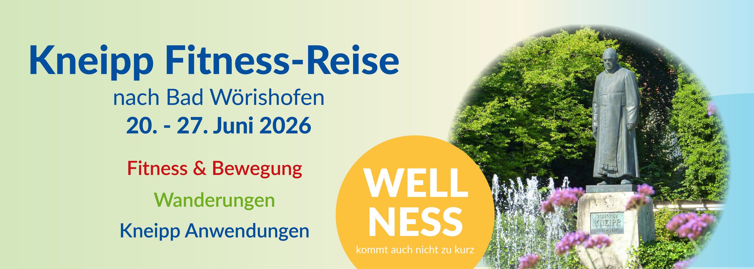 Bild mit dem Text, der die wichtigsten Eckdaten der Kneipp Fitness-Reise vorstellt, rechts Bild von Kneipp-Statue in Bad Wörishofen