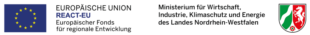 Logos REACT-EU Europöischer Fond für regionale Entwicklung und Ministerium für Wirtschaft, Industrie, Klimaschutz und Energie des Landes NRW